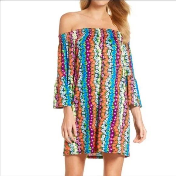 TRINA TURK Off Shoulder Flower Power Bell
Sleeve Mini Dress Size Small NWT - Picture 1 of 7